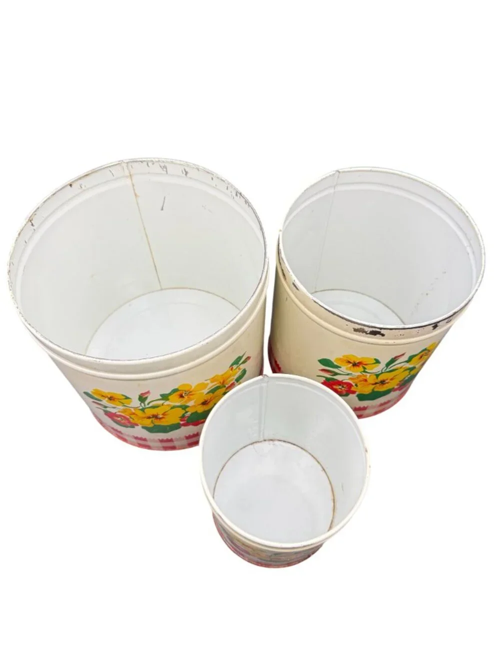 Vtg 40s Gingham Nasturtiums Floral Pattern Red Metal Canisters Nesting Lot 3